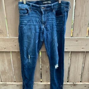 Express Women's Dark Blue Jeggings - Distressed Skinny Jeans